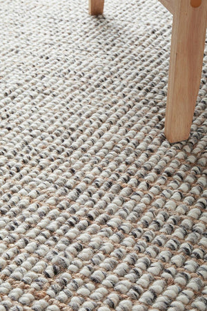 Scandi grey rug — side angle close-up of 20mm wool and jute pile
