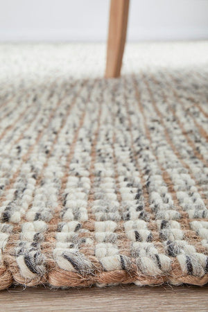 Scandi grey rug — close-up of handloomed wool and jute fibre detail
