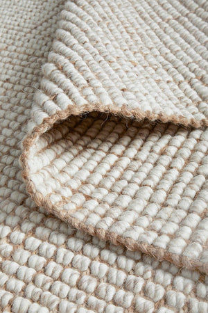 Scandi natural rug — close-up of handloomed wool and jute fibre detail