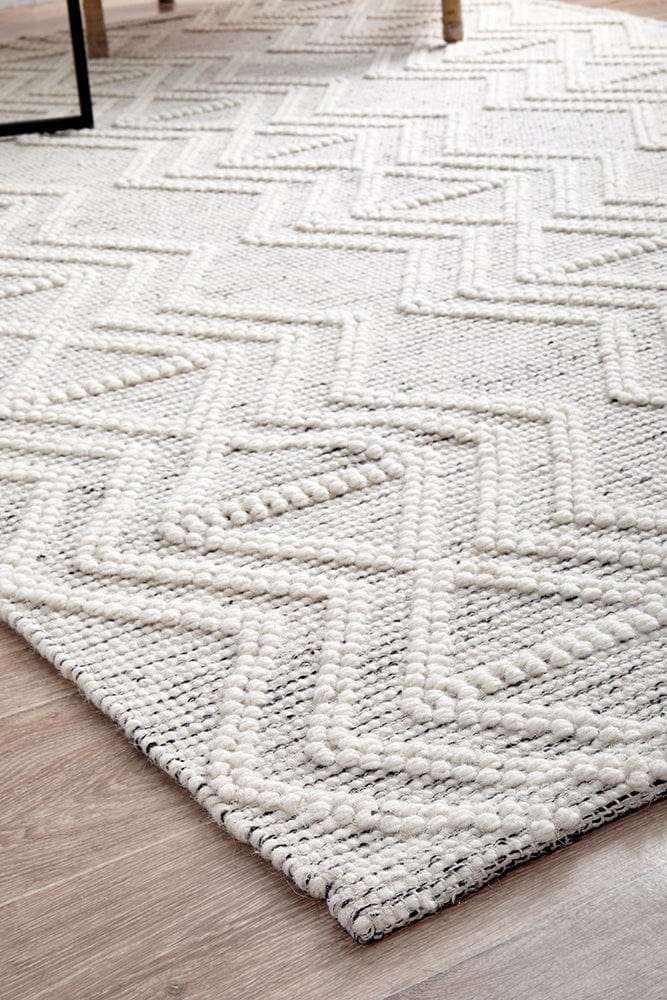 Clara hand loomed rug — side angle showing pile texture and pattern