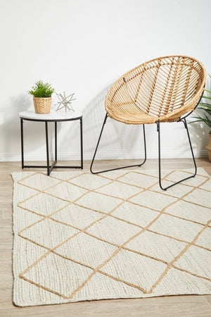 Byron 222 White jute rug — lifestyle shot in bright coastal living room